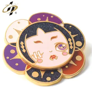 China supply gold plated metal flower design cartoon girl hard enamel glitter spinning pin