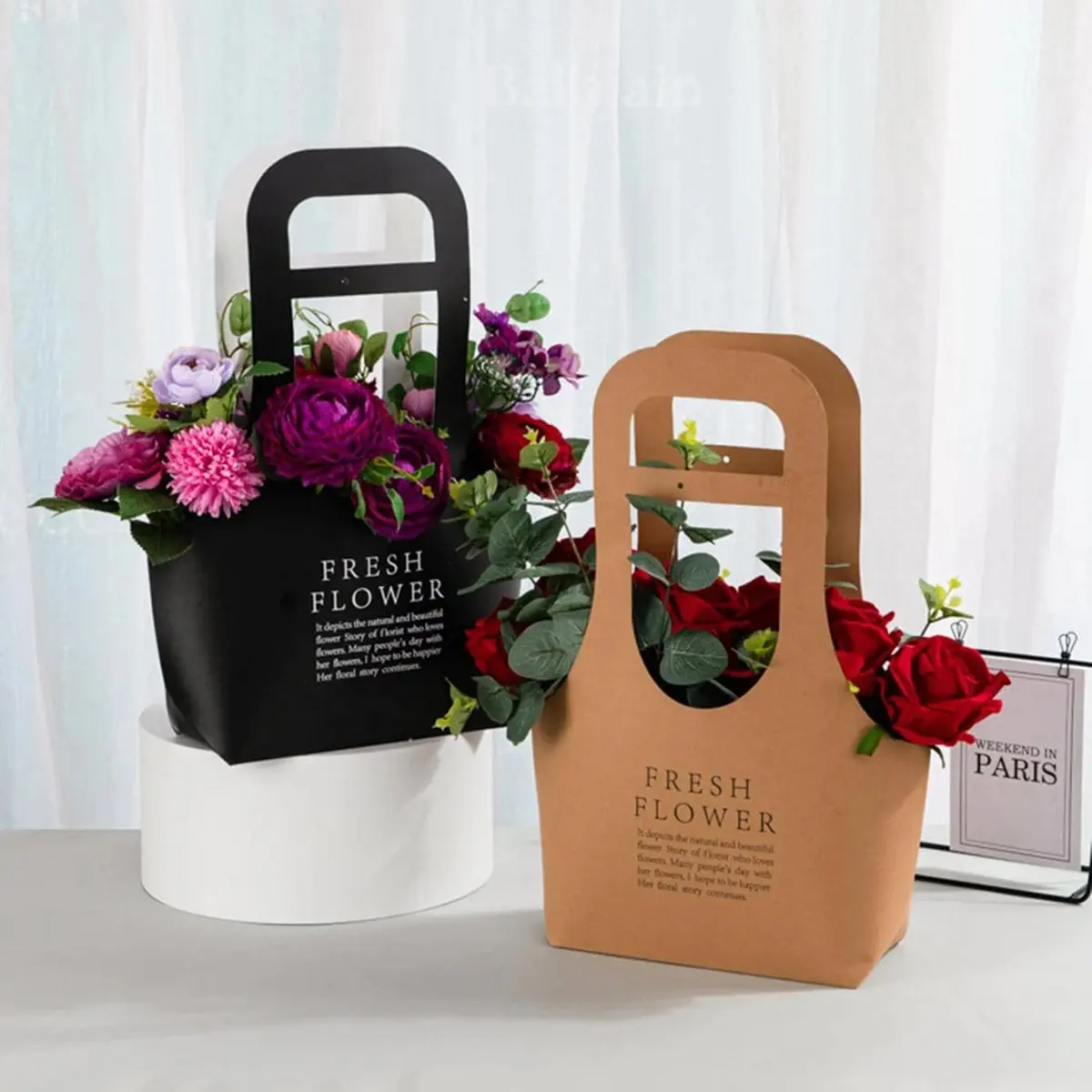 LESON tas Tote bunga kertas Kraft lipat tahan air mewah dengan pegangan