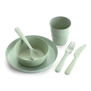 Vente en gros Écologique Cuisine Enfants Plastique avec Paille de Blé 6 Pcs Couteau Fourchette Cuillère Bol Vaisselle Service de Dîner