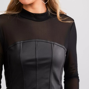 Top Corset de Cuero Sintético PU 2025 para Mujer, Sexy, Manga Larga, con Malla y Parches, Efecto Adelgazante - Product Image 3