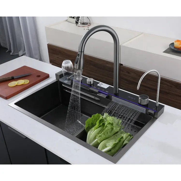Mouhoti 7546 smart kitchen sink stainless steel waterfall rainfall faucet with cup rinser digital display sink sets