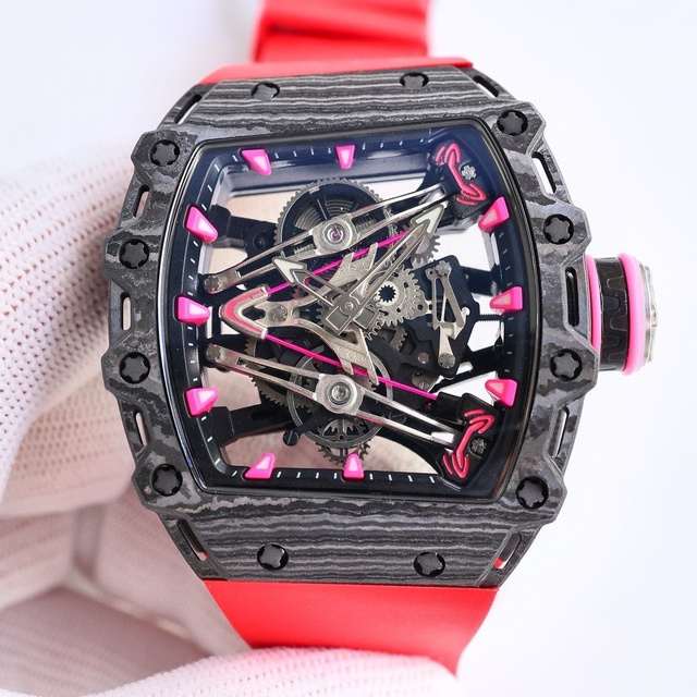 Bespoke Limited Edition Forged Carbon Tourbillon Pink Highlights Red Rubber Strap Premium Business Elite Temperament Watch