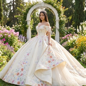Dy8561 Ivory Shoulder Floral Embroidery Ball Gown Wedding Dress Beaded <b>Corset</b> Appliques Natural Waist Chapel Train Bridal Party - Product Image 1