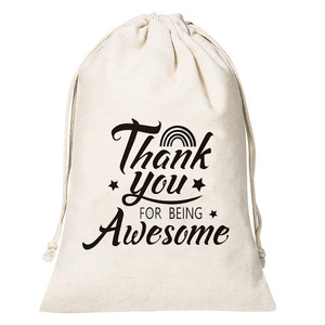 Sac à cordon en toile de coton recyclable en gros avec logo personnalisé « Merci » imprimé, pochette pour vêtements et chaussettes - Product Image 2