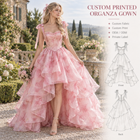 Robe de soirée formelle personnalisée pour femme en organza à imprimé floral, avec corset, bretelles à nœuds, volants superposés et jupe asymétrique