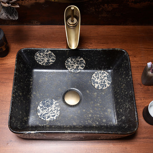 Ahorro de espacio Rectángulo Flor Arte Negro Cerámica Baño Lavabo Pequeño Montaje en pared Fregadero colgante - Product Image 6