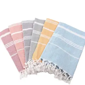 Cheap Wholesale Custom Candy Jacquard Fabric Beach Yoga Stripe Acrylic Cotton Woven Throw Blankets With Tassel