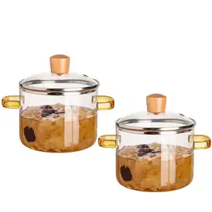 Hete Verdikte Hoge Temperatuur Bestendige Transparante Glazen Pot Huishoudelijke Dubbele Oor Soep Stoofpot Met Deksel Instant Noodle Pan