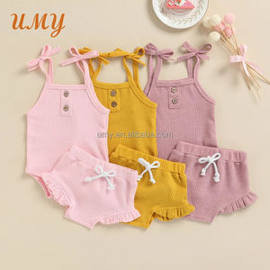 Ensembles de vêtements pour bébé fille d'été 100% coton côtelé Style décontracté Manches courtes Sans manches Combinaison et robe pour tout-petits pour temps chaud - Product Image 1