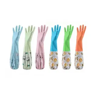 Rubber Cleaning Dishwashing Cotton Flocked Liner Long Cuff Non-Slip Latex Washing Gloves