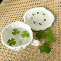 350ml 웨이브 세라믹 커피잔과 받침 세트 그린 클로버 플로럴 패턴 티컵 세트 홈 브렉퍼스트 음료용품 선물