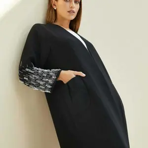 Abaya 공급 업체 사용자 정의 EID 럭셔리 블랙 고품질 100% 폴리 에스테르 abaya 디자인 최신 자수 비즈 모조 다이아몬드