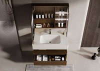 Meuble-lavabo flottant trois pièces en acier inoxydable et bois de noyer, résistant à l'humidité, avec miroir anti-buée, étagère LED et vasque intégrée pour villa