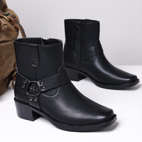 Bottines pour hommes à talon bloc épais, style vintage, avec anneau métallique, fermeture éclair latérale, bout carré, sangle à boucle de harnais, style western cowboy