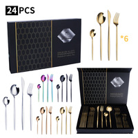 Ensemble de Couverts de Table 24 Pièces Style Occidental Portugais en Acier Inoxydable Doré – Couteau à Steak, Fourchette, Cuillère – Coffret Cadeau – Meilleure Vente