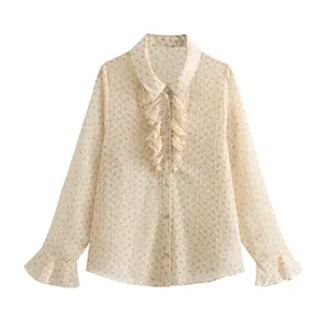 Front ruffle buttons up long sleeve beige color turn down collar elegant chiffon blouse tops for women