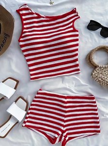 เสื้อแขนกุดลายทางสไตล์วันหยุดฤดูใบไม้ผลิของผู้หญิงและกางเกงขาสั้นเหนือเข่าชุดลำลอง 2 ชิ้นแฟชั่น - Product Image 5