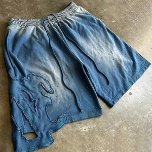 Custom Vintage Sun Faded Street Style Rhinestone Pegatina Bordado Algodón Sweat Shorts - Product Image 5