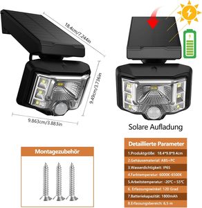 Foco Solar Exterior Impermeable IP65, Luces Solares Ajustables con Sensor de Movimiento, Lámpara de Seguridad de Pared con 8 LED, Luz de Jardín de 6000K - Product Image 3