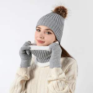 Winter Scarf <strong>Gloves</strong> Hat Set Winter Scarf <strong>Gloves</strong> Slouchy Grey Beanie Hat Snow Knit Skull Cap Touch Screen Mittens Circle Scarves - Product Image 1