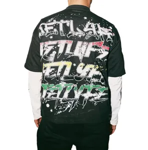 Custom Groothandel Coton Premium Streetwear Print Oversized Ronde Hals Dubbele Laag Lange Mouw T-Shirt Voor Mannen