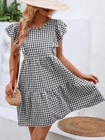 Robe mini à volants et manches à volants en gingham noir et blanc, robe babydoll ample à col rond