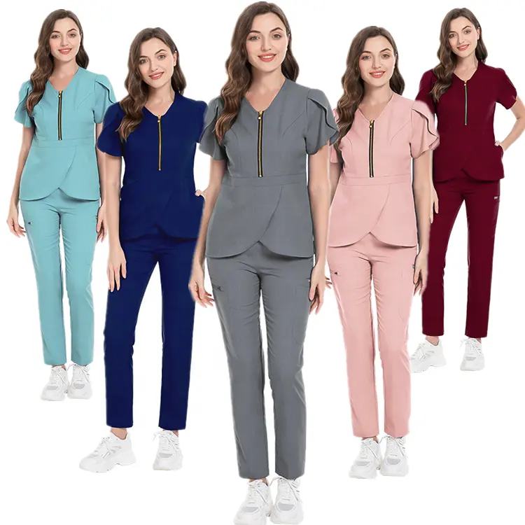 elastic rayon 4 way stretch oem logo custom women's zip neck pant medical hospital doctor nurse uniform scrubs suit scrubs set