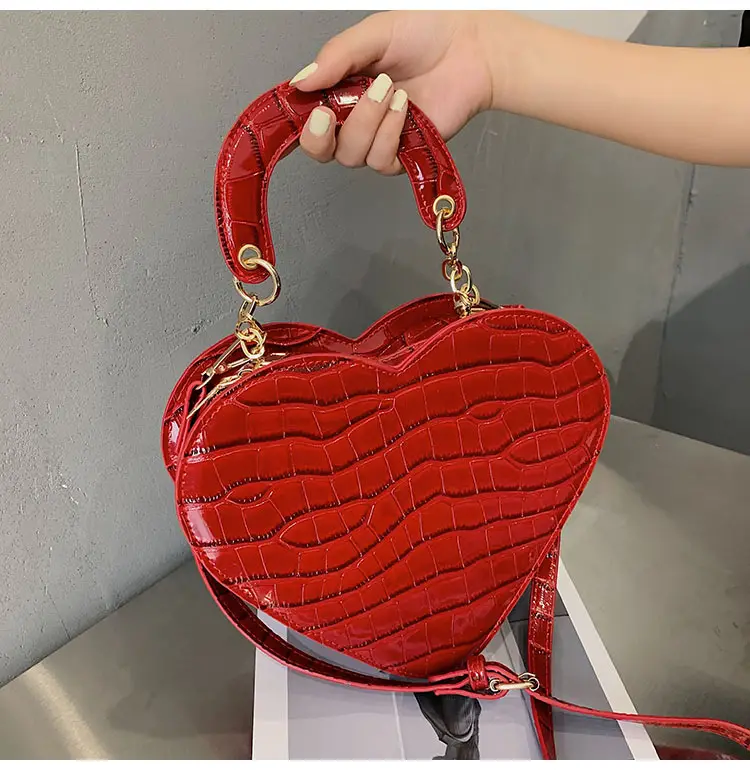 Women Fashion Custom Love Heart Shape Evening Handbag Luxury Stone Pattern Bright Leather Clutch Novelty Girls Little Purse
