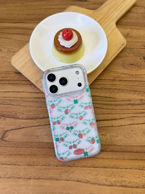 Glitter Clear Strawberry Print Vintage Ribbon Clover Tiny Floral Phone Case for iPhone 17Pro Max 16pro Max 15pro Max Back Cover