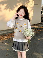 Ensemble de vêtements pour adolescents automne 2026, gilet en tricot imprimé kaki + chemise à manches longues blanche + jupe plissée grise, ensemble de 3 pièces, tenue preppy