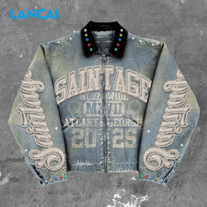 Thời Trang Tùy Chỉnh Người Đàn Ông Của Áo Khoác Đau Khổ Đính Tracksuit Rhinestone Cổ Điển Bộ Đồ Thể Thao Cho Nam Giới Thời Trang Phố Denim Quần Short Cho Nam Giới - Product Image 5