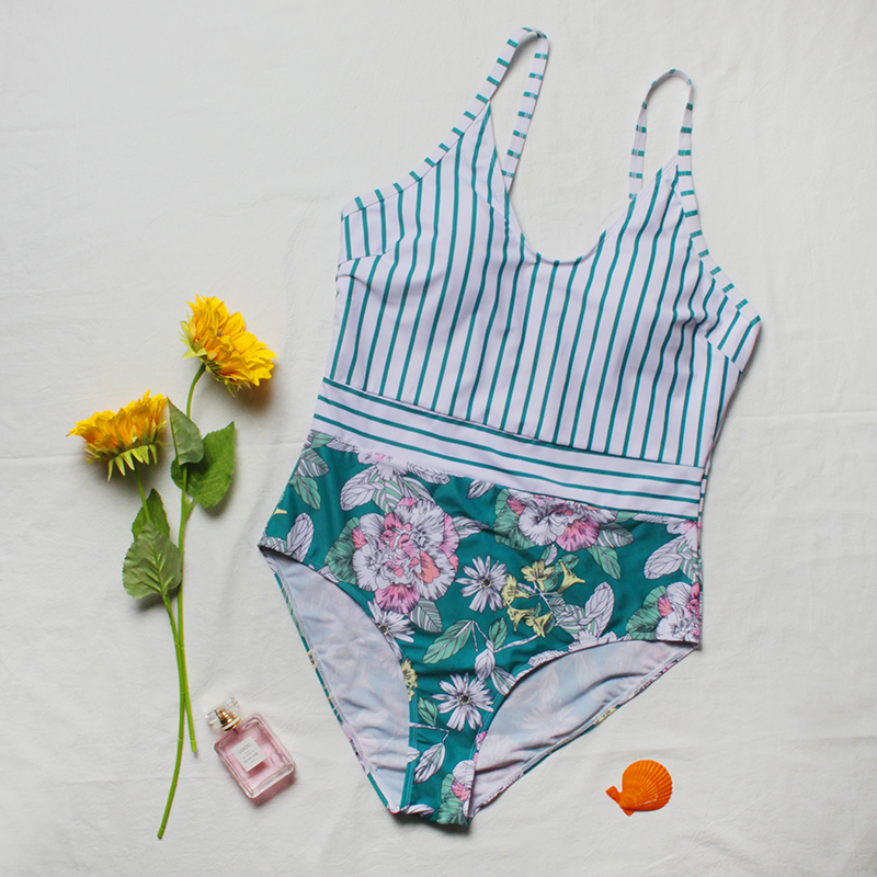 2022 New Design DAMO Plus Size Sexy Ladies Tankini Strip Flowers Printed Swimsuits Back Hollow Out Recycled Nylon Swimwear
