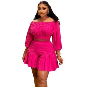 Baddie Summer Solid Breathable Polyester Casual Short <b>Set</b> Off-Shoulder Crop Top Pleated Flare Sweet Women 2-Piece <b>Set</b> - Product Image 2