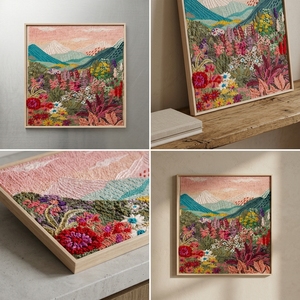 RESIN FRAME-<b>PINK</b>- Modern Textured Landscape Embroidery Art - Floral & Mountain Needlework - Framed <b>Home</b> <b>Decor</b> (21 CM X 21 CM) - Product Image 6