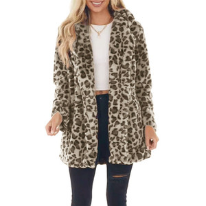 Herbst Winter Leopardenmuster Damen Mode Kunstfell Taschen Loser Pelzmantel Warm - Product Image 2