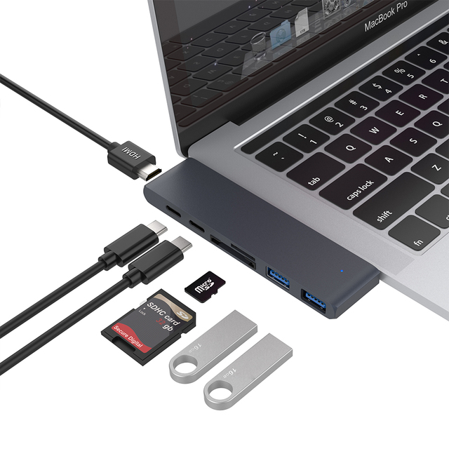 Custom Logo 7 in 1 Dual USB Type C Hub Charging Adapter 4K 30Hz HDTV Splitter Docking Station With SD/TF Reader