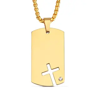 High Polished Stainless Steel Cross Jewelry Dog Tags Pendant With Rhinestone Women Men Cross Necklace