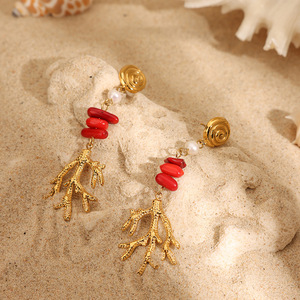 Pendant <b>Earrings</b> Stainless Steel <b>Red</b> Stone Freshwater Pearl Gold Plated Plant Shape Dangle Jewelry - Product Image 2