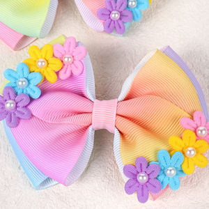 CN 2Pcs 4英寸彩虹罗缎丝带发弓柔和花朵珍珠发夹儿童女童配件 - Product Image 2