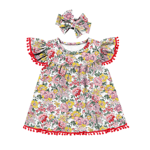 Vestido Casual Personalizado para <span class=keywords><strong>Niñas</strong></span> con Adorno de Pompones y Mangas con Volantes, Estampado Navideño/Árbol de Navidad, Corte en A, Tallas 2T-7T - Product Image 6