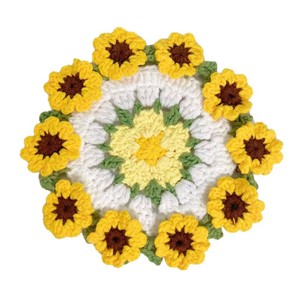 Sous-verre en crochet fait main en forme de fleur dans un panier, rose tournesol avec poignée, en coton, style bohème, pour la décoration de cuisine, de bureau ou de table à café - Product Image 5