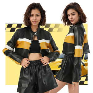 Кожаная куртка из искусственной кожи с контрастными вставками в европейско-американском стиле, с воротником-стойкой, облегающая, укороченная, для женщин - Product Image 3