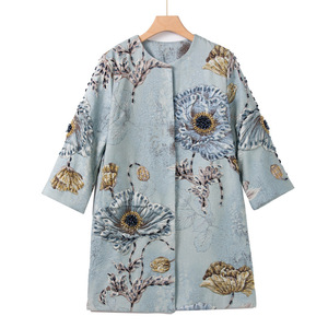 2026 신상 여성 우아한 비즈 장식 라운드넥 7부 소매 블루 코트 탑 - Product Image 1