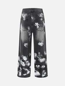 Jean en denim noir délavé à jambe large pour homme, style vintage streetwear, déchiré, service OEM - Product Image 2