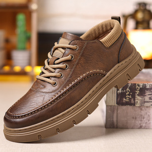 Chaussures habillées en cuir pour hommes, bout rond, à lacets, semelle extérieure en caoutchouc amortie, doublure en peluche, couleur unie, pour automne, mariage, décontractées ou formelles - Product Image 2