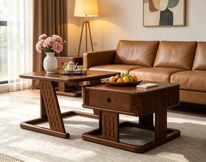 Nesting <b>Walnut</b> Wood <b>Coffee</b> <b>Table</b> Set with Storage Drawers for Living Room - Product Image 1
