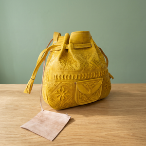 Yellow Genuine Leather Soft Shell Backpack Embossed Patterns Classic Style Durable Carry-<b>on</b> 4-<b>Wheel</b> Handmade Customizable Travel - Product Image 3