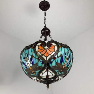 Lustre suspendu de style Tiffany LongHuiJing, en verre teinté, avec décoration de perles, finition en laiton LED - Product Image 3