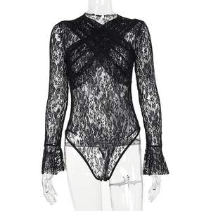 Body en dentelle noir personnalisé 2026 pour femme, haut transparent à manches longues, tenue de club pour femme - Product Image 2