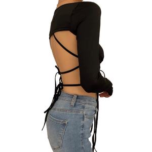 Top Sexy para Mujer, Elástico, de Manga Larga, Cuello en V, Halter, Fruncido, Sólido, 2 Piezas, Tops Cortos para Mujer - Product Image 3